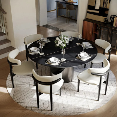 POVISON Modern Sintered Stone Round Dining Table with U-shaped Leg, Seats 4 to 6, Kitchen Table for Living Room