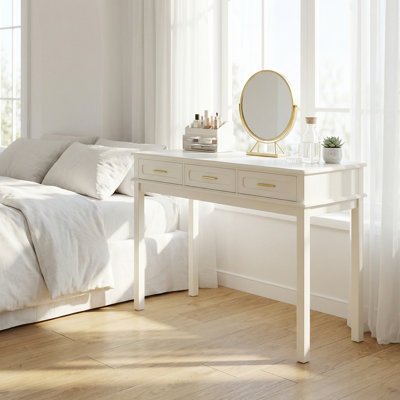 Meuble-lavabo moderne blanc crème avec trois tiroirs de rangement, table de maquillage polyvalente ou bureau d'écriture pour la chambre à coucher et le bureau à domicile, coiffeuse polyvalente avec une finition brillante élégante