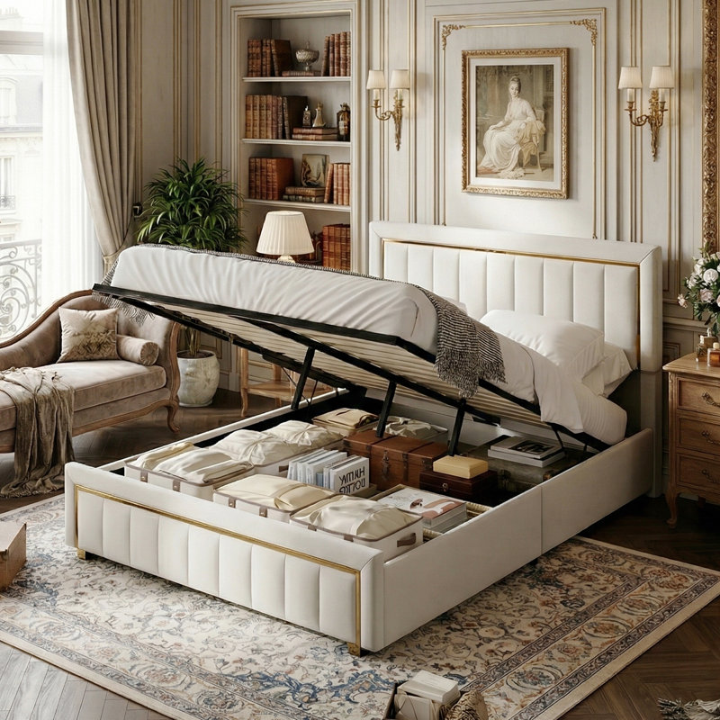 EU Double/King Velvet Ottoman Bed with Fluted Gold-Trim Headboard, Luxury Gas-Lift Storage Bed, Beige/Black, 140/160x200cm