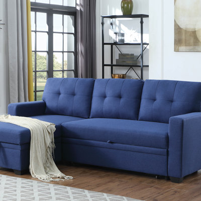 Blue Upholstered Pull Out Sectional Sofa With Chaise