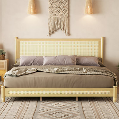 Lit plateforme en rotin King Size avec tête et pied de lit en canne tressée, cadre en bois, pieds tournés, sans sommier, naturel