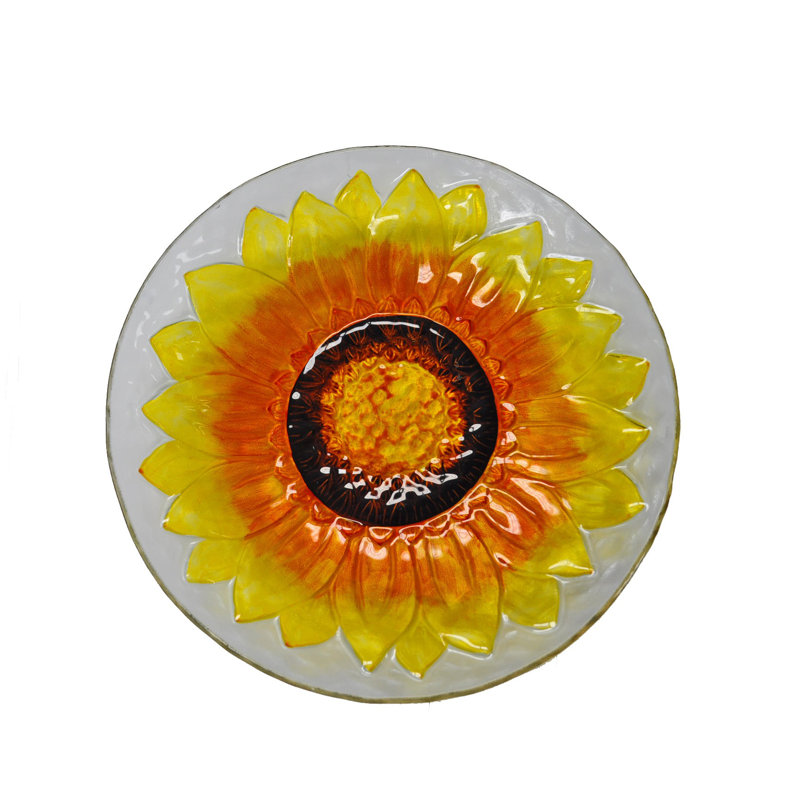 18" Hand Painted Yellow Sunflower Glass Bird Bath Bowl