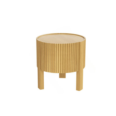 Round Fluted Side Table With Storage For Living Room, Rubber  Wood, Soft-Close Door, Natural, 19.6"