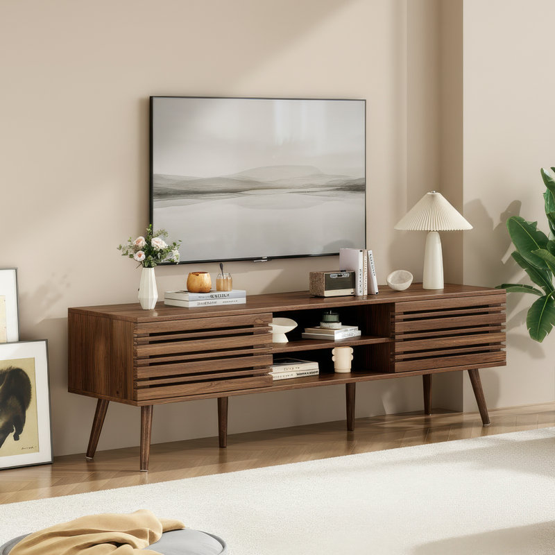 Mid Century Storage TV Stand For Tvs Up To 70", Brown Wood