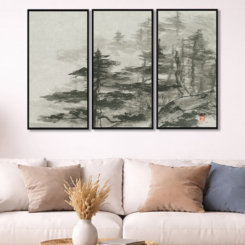 Asian Forest - Cabin & Lodge, ensemble de 3 toiles d'art encadrées, L 48 po x H 32 po, Cadre noir