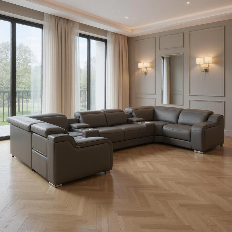 Canapé modulaire en forme de U inclinable en cuir italien foncé foncé avec console