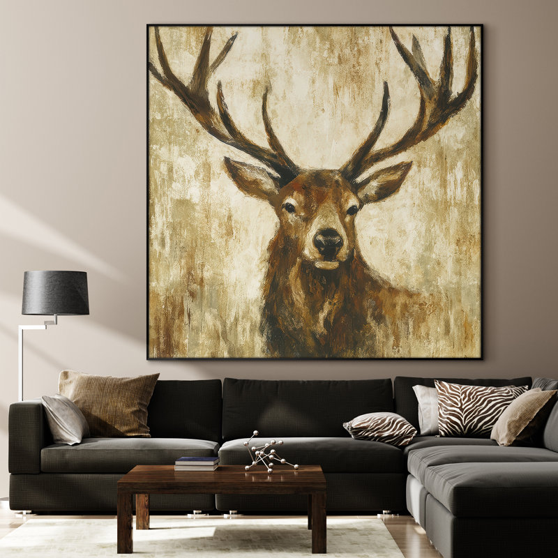 Très grande reproduction d'art sur tissu - Cerf majestueux avec de grands bois sur fond neutre, H 46 po x l 46 po