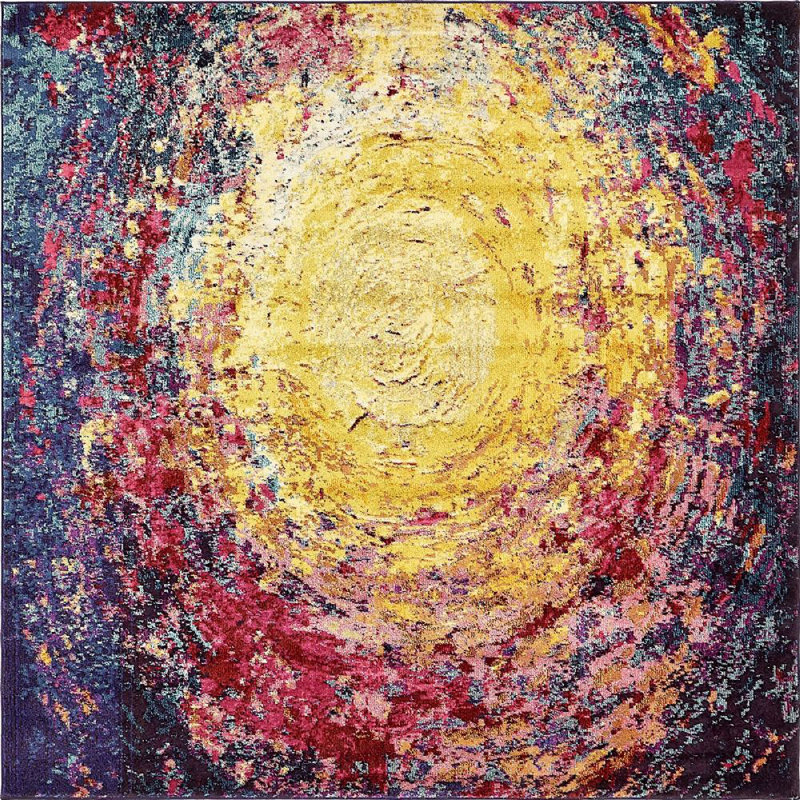 Tapis abstrait jaune / mauve Eddins, Carré 8 pi