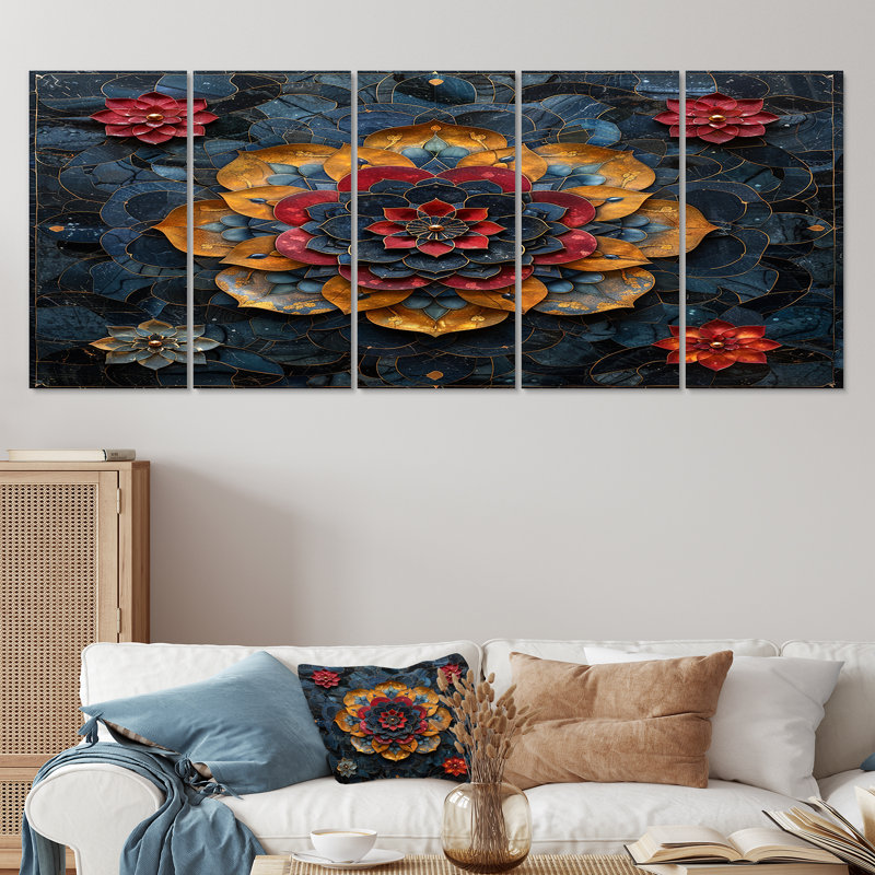 Ensemble de 5 pétales dorés de fleurs de lotus rouges - Mandala boho mandala, H 28 po x l 60 po