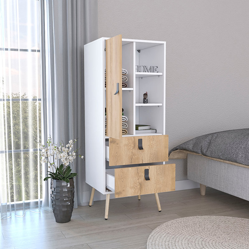 Commode haute, unité avec porte, 2 tiroirs et tablettes ouvertes