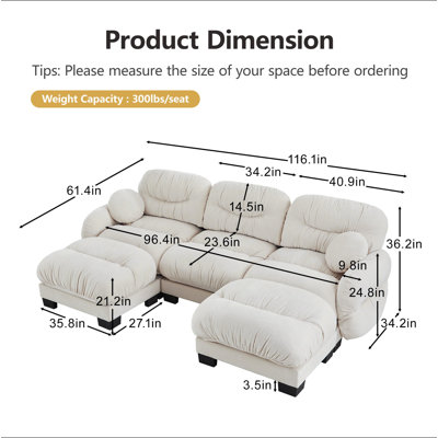 Pleated Design Cozy Chenille Fabric 4 Seater Modular Sofa with High-Density Ergonomic Foam Seat, U Shape Sectional Couch with 2 Ottomans, Curved Round Armrests and 2 Round Throw Pillows