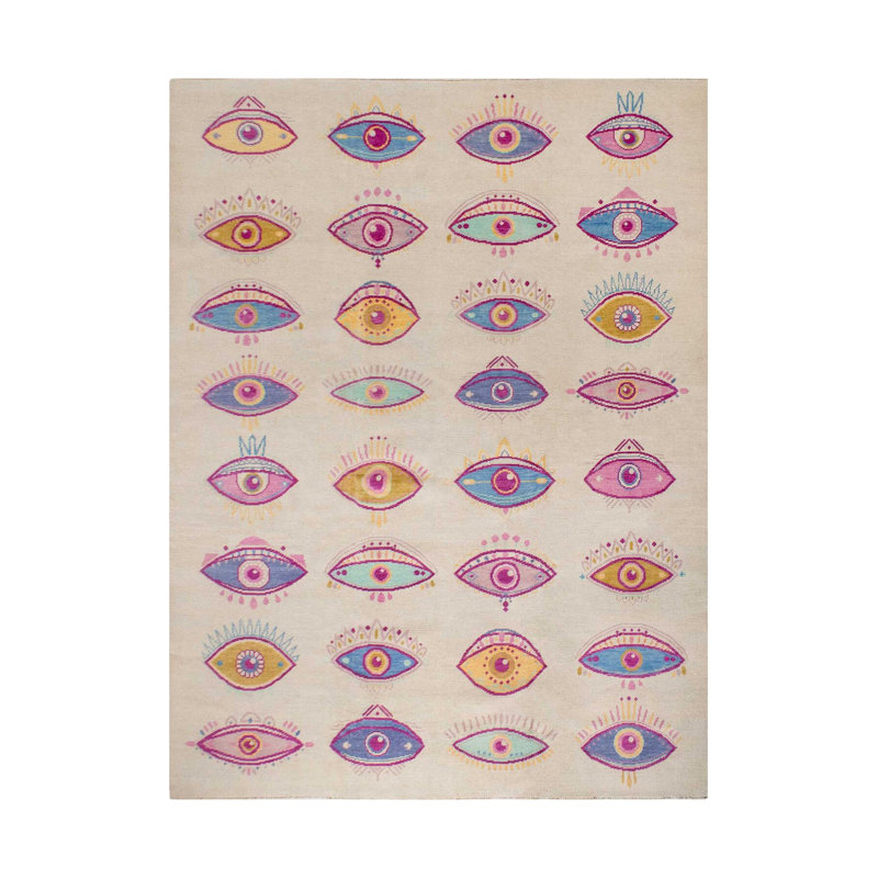 Tapis beige tissé à motifs rectangulaires à motif d'œillets, Rectangle 4 pi 11,06 po x 7 pi 6,55 po