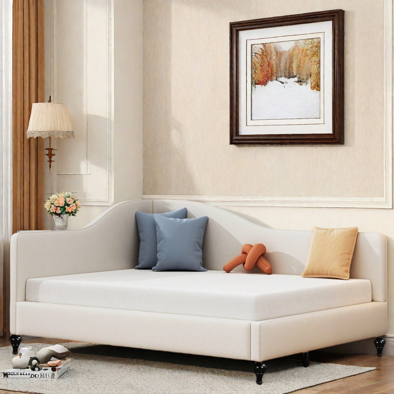 L-shaped Linen Daybed With Solid Wood Legs, Beige, Full/Double