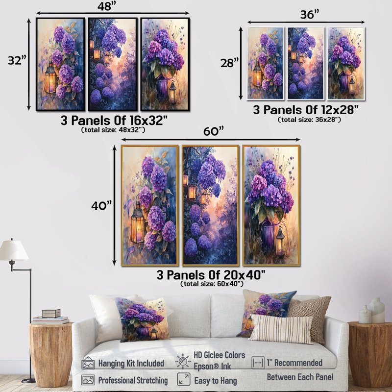 «Hortensia campagne et lumière», collection d'art mural «Hydrangea», H 40 po x l 60 po, Argent argent