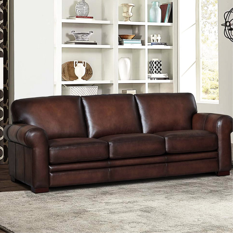 3 canapés en cuir, look moderne de style Mid-Century, accoudoirs roulés, bois d'eucalyptus, dossier 3, assise mi-ferme, dossier coussiné, accoudoirs, structure en bois, rembourrage en duvet