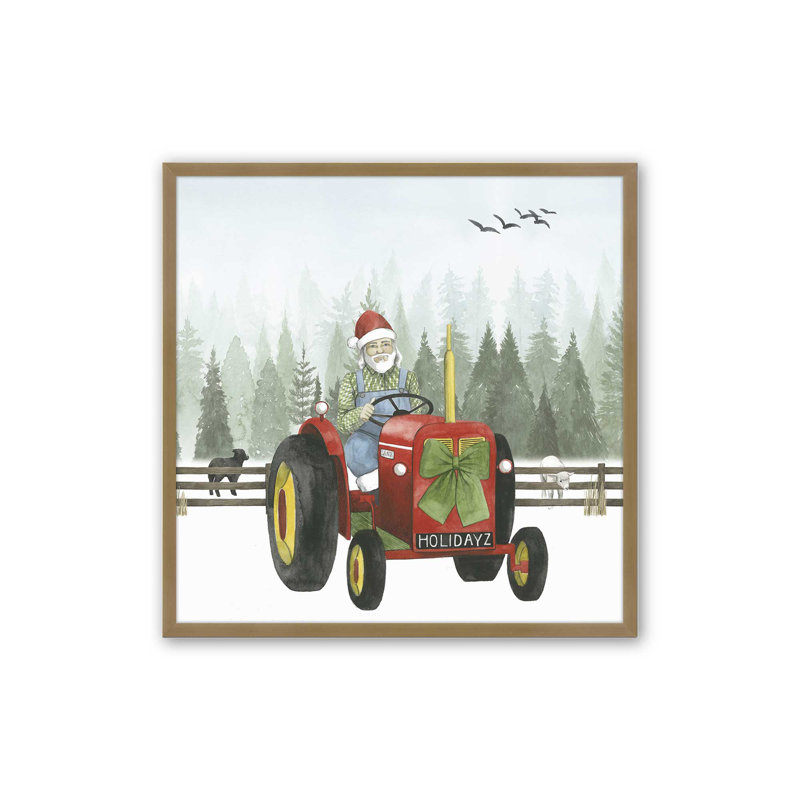 «Santa's Christmas Tractor Ride I Print», H 17,75 po x l 17,75 po, Cadre simple en or brossé, bois massif