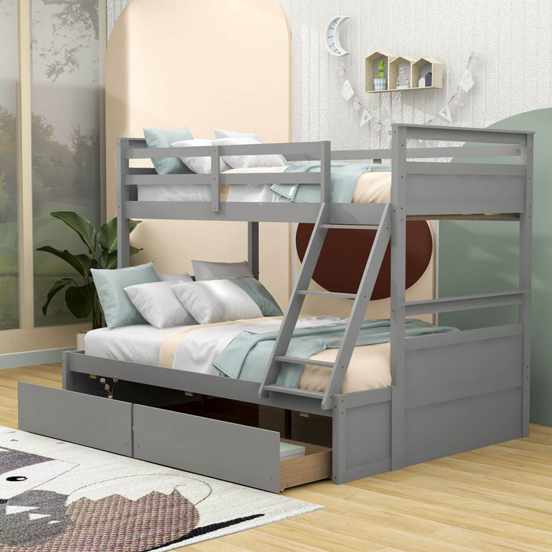 Lit superposé simple au-dessus d'un lit double avec tiroirs Emmie-Mae, gris