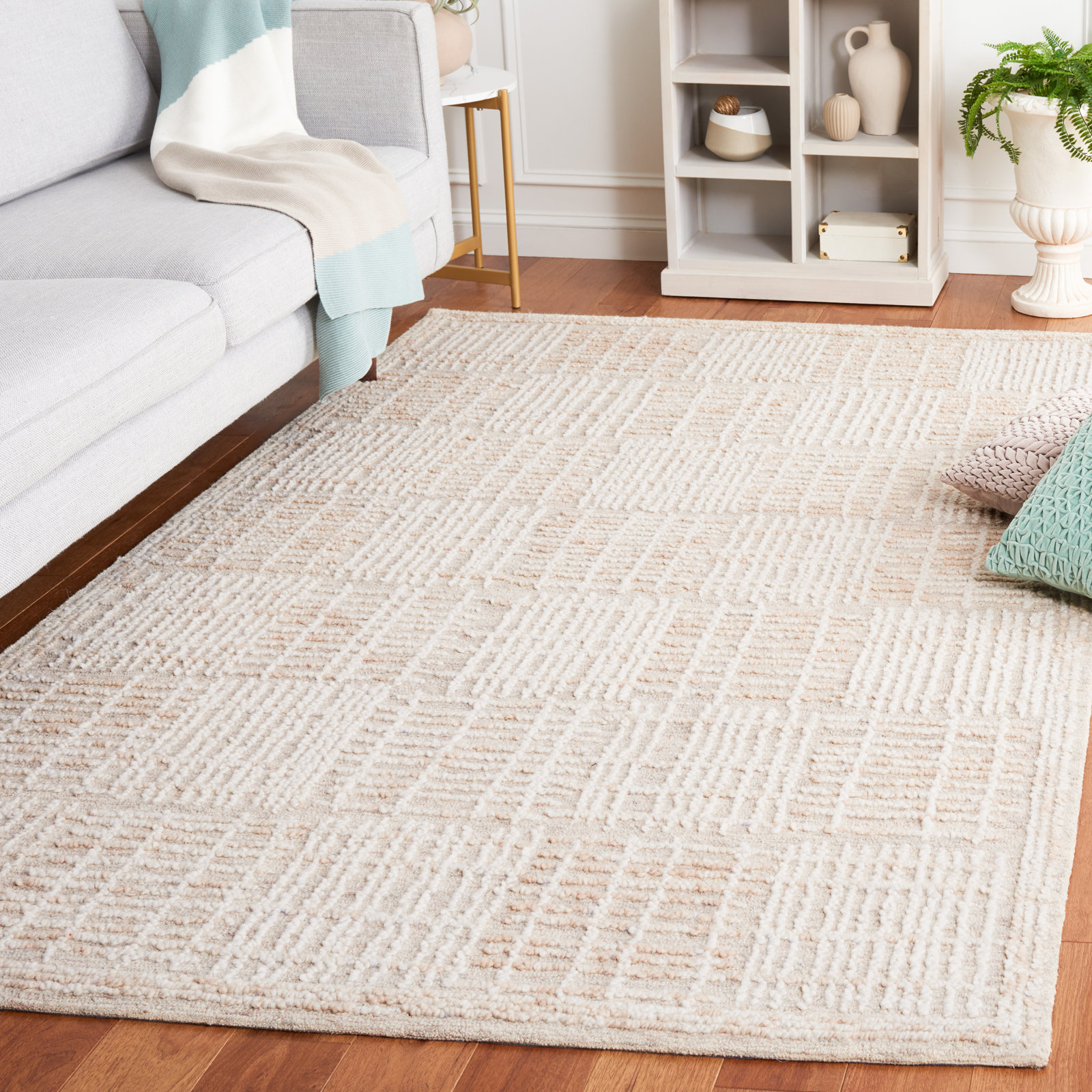 Arwen Geometric Hand Tufted Wool/Cotton Area Rug in Light Brown/Ivory, Rectangle 9' x 12'