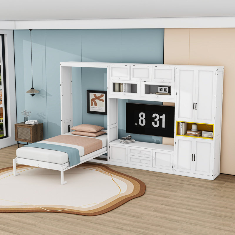 Lit escamotable simple en bois 2 tiroirs avec meuble télé, tablettes et armoire, Blanc