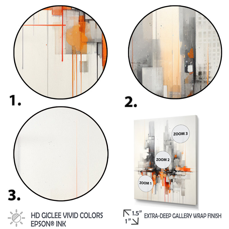 «Lascelles Orange Grey Minimalisme Urban Rhythm I», reproduction sur toile, H 44 po x l 34 po x P 1,5 po, Cadre flottant noir