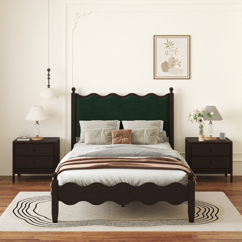 Ines Wood Bed Frame with Upholstered Headboard - Velvet Upholstery, Full / Double, Green