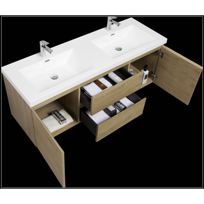 Meuble-lavabo flottant de 60 po avec lavabo double en résine et tiroirs à fermeture en douceur, solution de rangement murale moderne