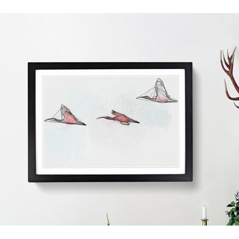 Three Pink Flamingos in Abstract - Framed Print, 40cm H x 60cm W x 2cm D, Black
