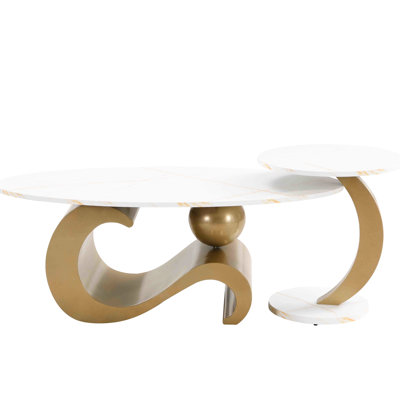 Golden Coffee Table For Home Decoration - 2 Pieces, Oval & Round, Fashionable And Modern Pair , Living Room