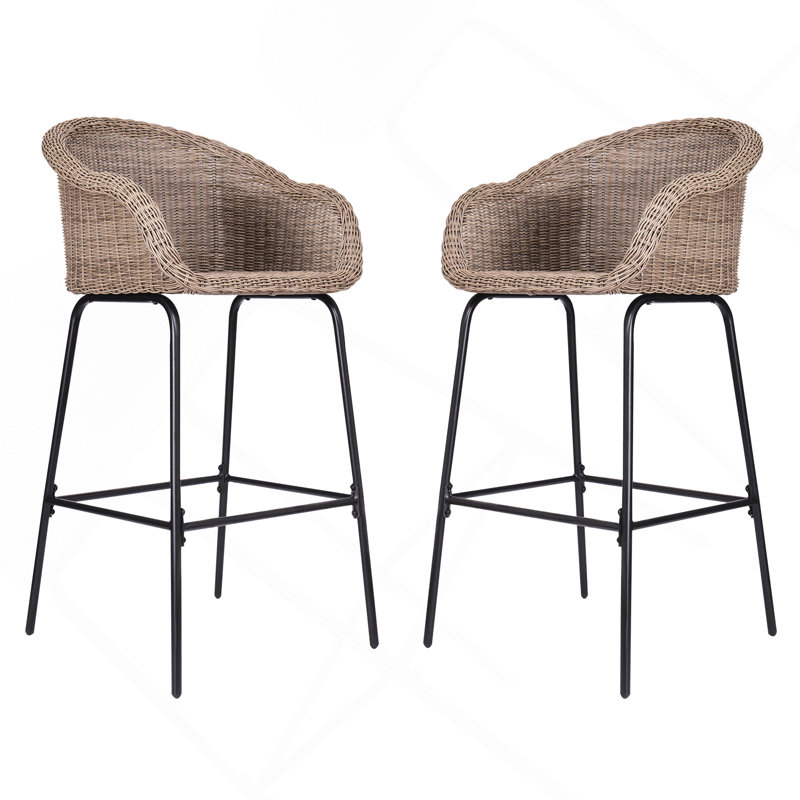 Tabouret de bar d'extérieur en osier brun clair, ensemble de 2, Marron clair