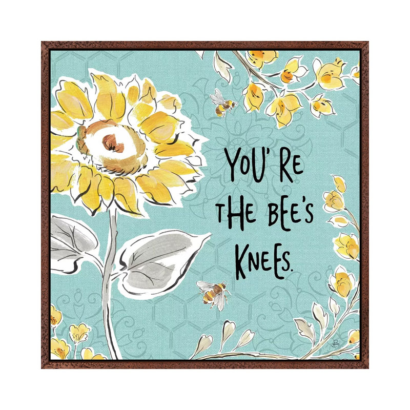 Bee Happy II Linen by Daphne Brissonnet - Print on Canvas, Classic Brown Wood Framed, 45.72 cm H x 45.72 cm W