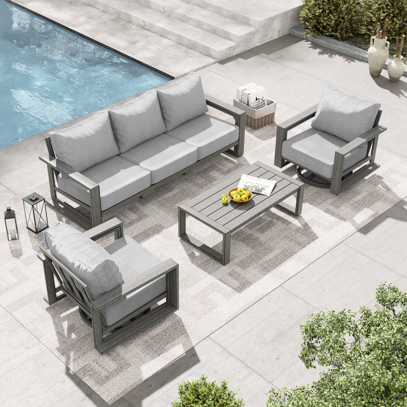 Adden 4-Piece Hand-Painted Aluminum Outdoor Conversation Set With Swivel Chairs, 3-Seater Sofa, Gray Cushions And Coffee Table