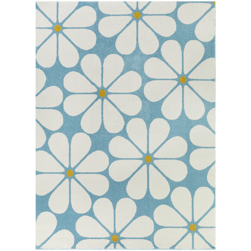 Tapis bleu / blanc Cheylyn, Rectangle 5 pi 3 po x 7 pi, Bleu