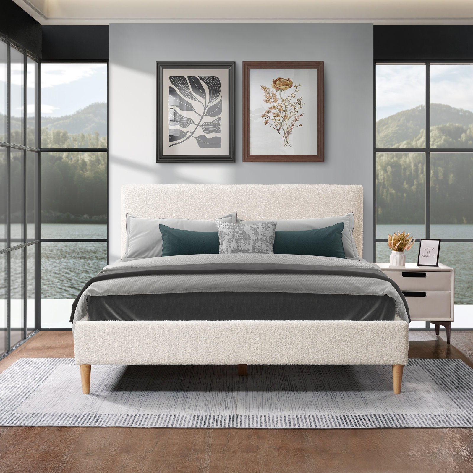 Boucle Upholstered Platform Bed, King, White Boucle