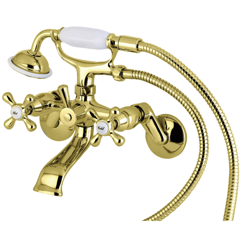 Kingston Brass Kingston Two-Handle 2-Hole Wall Mount Clawfoot Tub Faucet with Hand Shower, Polished Brass