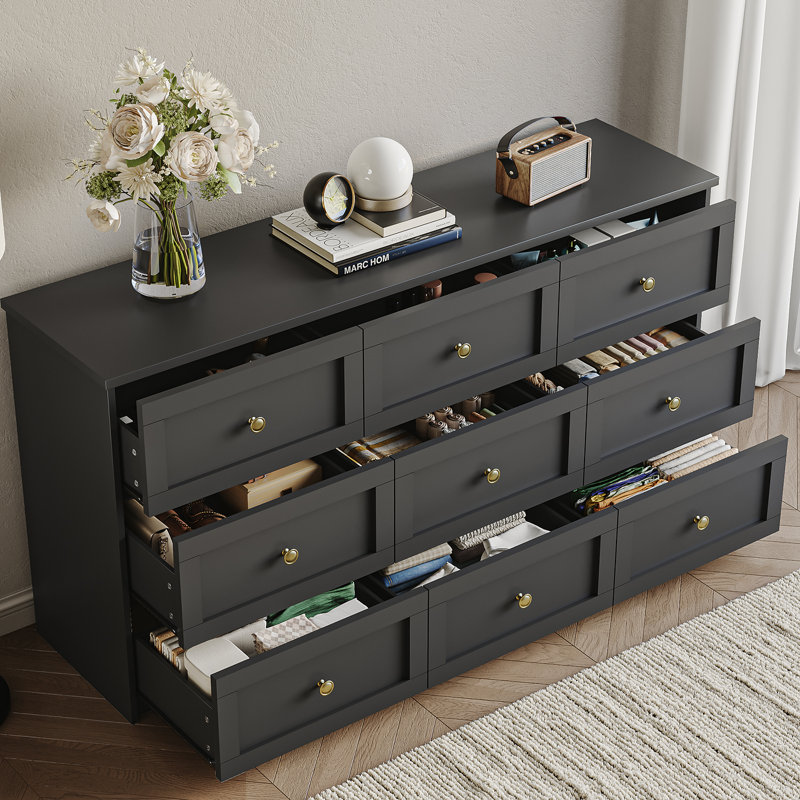 Bulwell 59" W Bedroom Dresser, Chest Of Drawers 9 Drawer Dresser For Bedroom, Living Room, Closet, Black