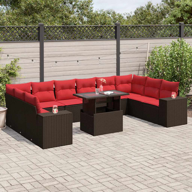 Ensemble de canapé de patio 11 pièces avec coussins en rotin de polyester, Rouge, Brun