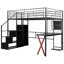 Lit mezzanine double en métal avec bureau, garde-robe, escalier de rangement et lumières DEL, noir