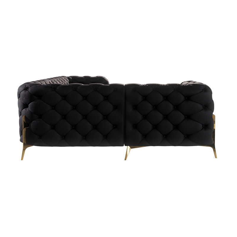 Chesterfield Corner Sofa L-Shape  with Gold Metal Legs, Black, Right Hand Facing