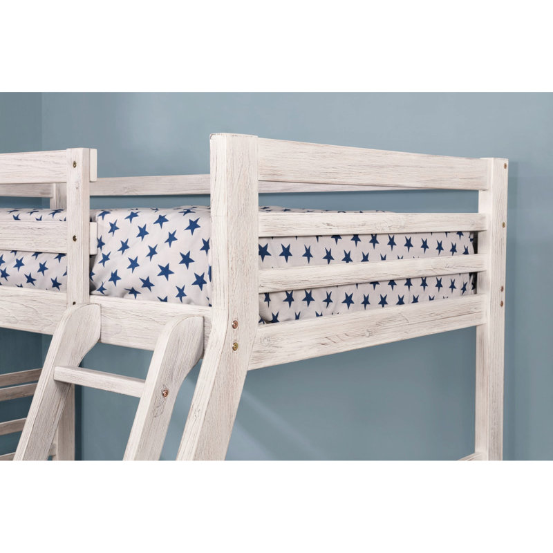 Lit simple superposé au-dessus d'un lit double de style transitionnel avec deux tiroirs et un lit en bois massif, couleur blanc brossé, 10 pièces Lattes pour un sommeil confortable, style, placage, finition,