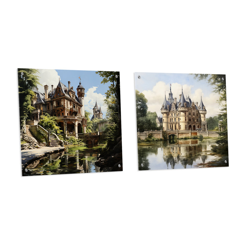 Château de champagne en France - ensemble de 2 peintures murales en acrylique, H 16 po x l 33 po