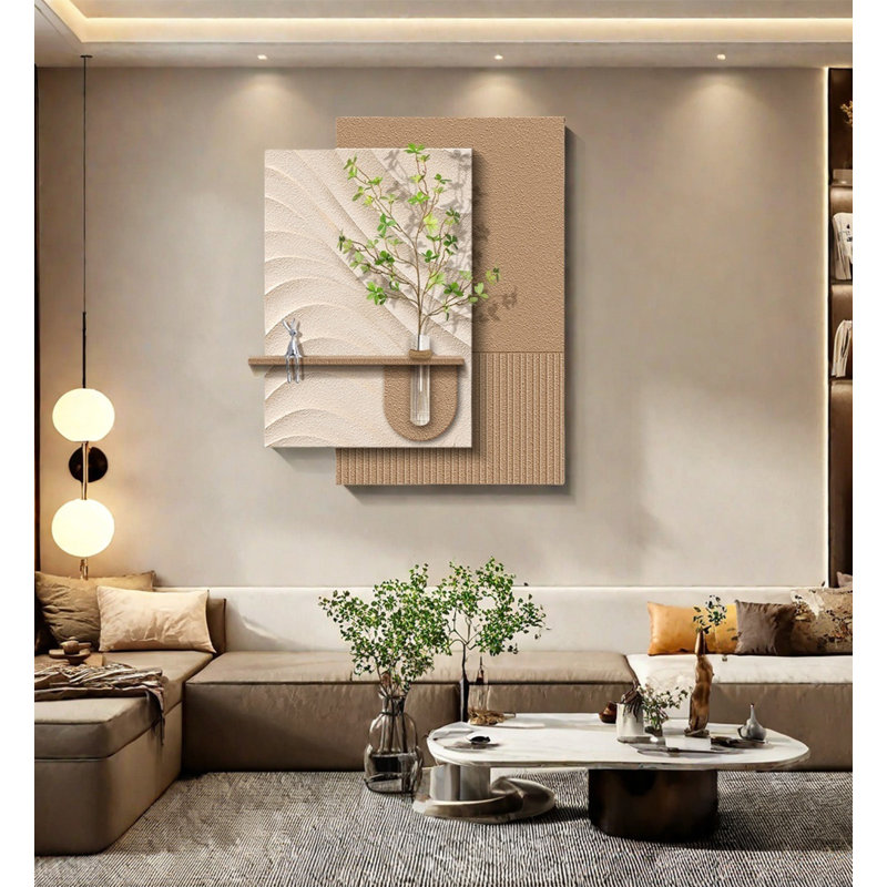 Art mural moderne en grès avec verdure et lapin, Brun / Beige, H 39,37 po x l 31,5 po x P 1,97 po