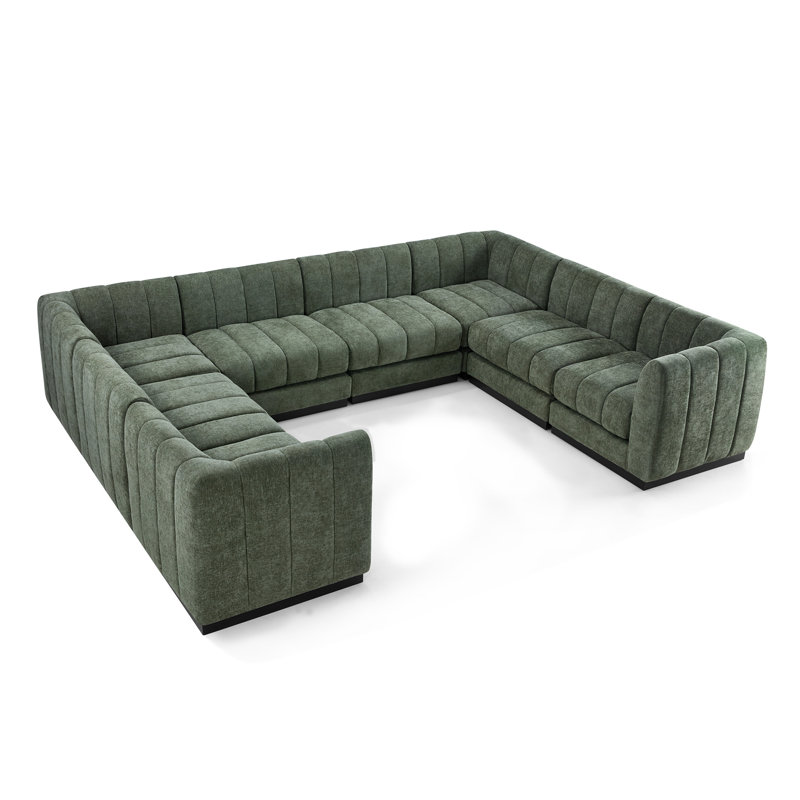 Myrhn Modular Sectional, U-Shaped Contemporary Sleeper Bed with Solid Wood Base, Green Chenille