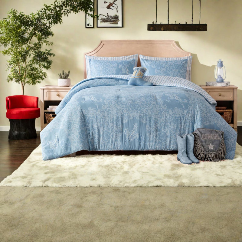 -Piece Blue Western Bedding Sets, Microfiber Comforter Set for Farmhouse Home