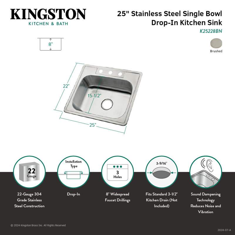 Kingston Brass Carefree 25-Inch Stainless Steel Self-Rimming 3-Hole Single Bowl Drop-In Kitchen Sink