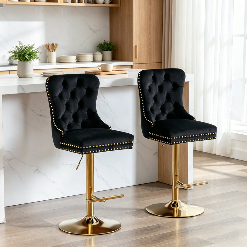 Tabourets de bar épais et pivotants en velours doré avec hauteur de siège réglable, conception touffetée confortable et moderne pour la maison et la cuisine (noir, ensemble de 2)