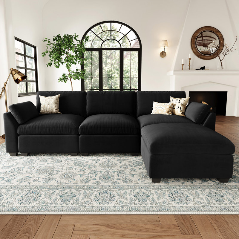 Velvet & Plush Modular Sectional Sofa L-Shaped Solid Wood Sofa with Ottoman, Black Velvet