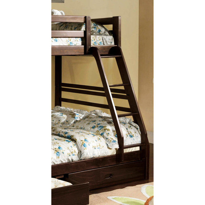Transitional Solid Wood Twin Over Full Bunk Bed In Dark Walnut Finish, Attached , Two Large Storage Drawers, 10 Pc. Slats Top & Bottom With Drawers For Storage, Slats, Safe Rails