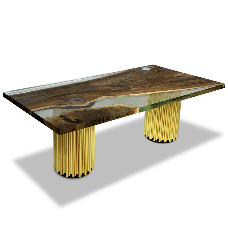 Walnut Metal Base Dining Table, Black/Gold, H75 x L305 x W122cm