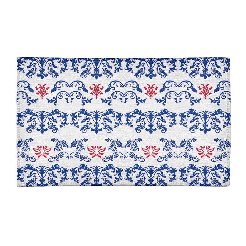 Tapis damassé blanc / bleu marine, Rectangle 4 pi x 6 pi
