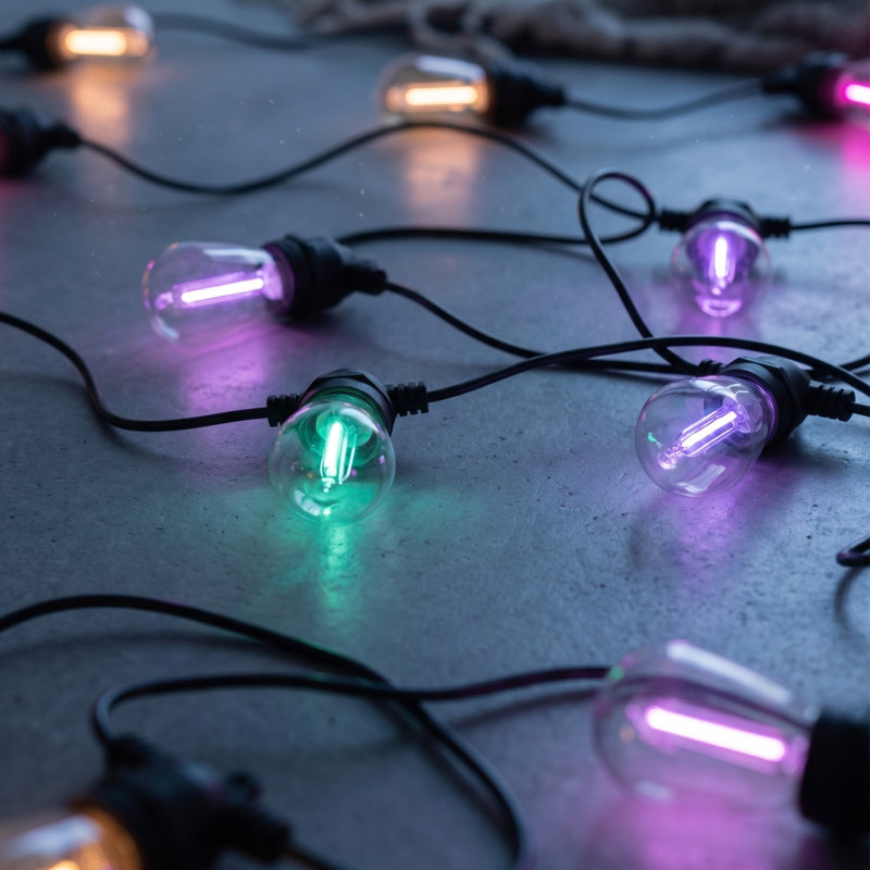 Hybrid 104 ft. Solar Powered & Plug-In RGB LED String Lights Outdoor Patio Waterproof with 48 S14 Shatterproof Bulbs, Color Changing, Remote Control